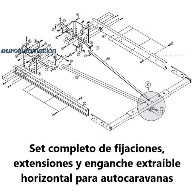Set COMPLETO de enganche de remolque extraíble horizontal, fijaciones y  extensiones de chasis de 1700mm para autocaravana Fiat